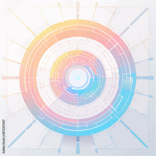 Abstract Technological Radial Graphic Design Element with Soft Holographic Pastel Gradient Colors for Data Visualization Interface.