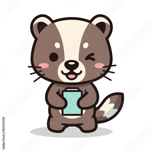 Cute brown animal character holding a smartphone with a happy expression cartoon