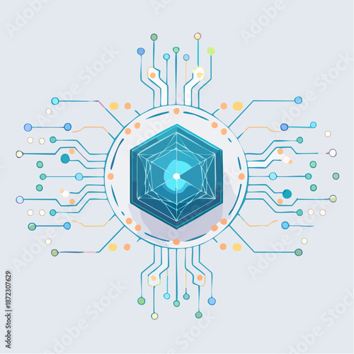 Abstract vector illustration of a central hexagonal digital core connected by radiant circuit lines, symbolizing technology, AI, and data processing.
