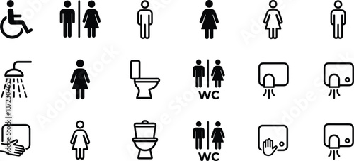 Restroom and bathroom signage icon set including male female unisex wheelchair WC shower and hand dryer symbols