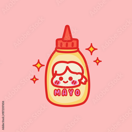 Cartoon mayonnaise bottle with cute face illustration