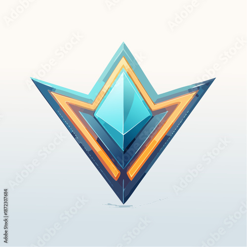 Futuristic Geometric Abstract V-Shape Badge. Modern Technology Logo Element with Blue Gemstone and Glowing Orange Vector Illustration.