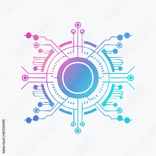 Abstract futuristic circuit hub illustration showing digital data connections and high technology systems in vibrant neon gradient colors.