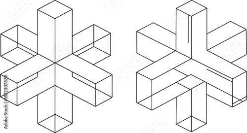Geometric 3D Isometric Star or Snowflake Wireframe Icons for Abstract Structural Design