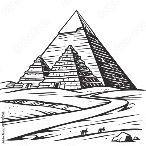 Ancient Pyramids of Giza Black and White Vector Illustration Featuring Egyptian Desert Landscapes