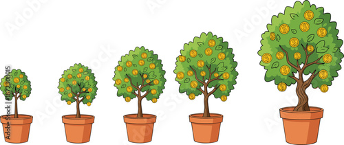Money tree growth stages illustration showing financial investment progress, wealth increase concept, savings success, and business development over time