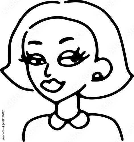Stylish portrait of a mysterious woman with a bob hairstyle, featuring a cute and quirky expression. Created with grunge lines. Perfect for avatars, icons, posters, or logos. Hand-drawn vector design