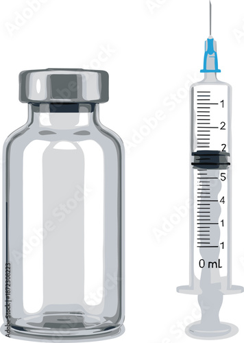Medical syringe and glass vial set for vaccination injection isolated on white background healthcare vector illustration