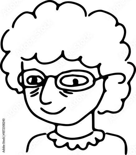 Hand-drawn doodle of a fun, elderly grandma wearing glasses. Grunge line art style, suitable for avatars, icons, posters, or logos. Perfect for cheerful, vintage, or family-themed designs