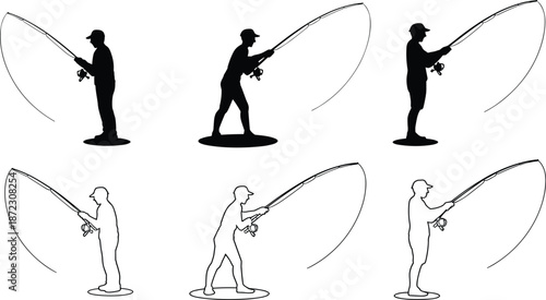 Fishing man silhouette set showing angler casting rod in different poses for sport fishing, outdoor recreation, and hobby design concepts