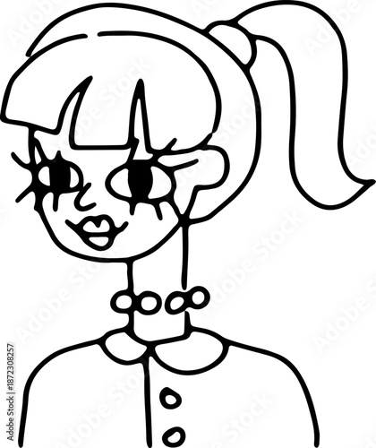Hand-drawn doodle of a cute, fun girl with a ponytail and big eyes. Grunge line art style, ideal for avatars, icons, posters, or logos. Perfect for playful, casual, or youthful designs