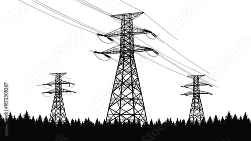 Electric power transmission towers silhouette above forest landscape representing high voltage electricity grid, energy distribution infrastructure, and industrial technology background