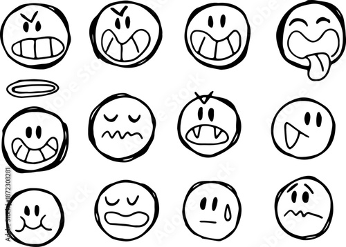 Expressive hand-drawn emoji icons representing happy, sad, angry, and surprised moods. Black grunge line. Isolated on a white background, ideal for social media, apps, and playful content