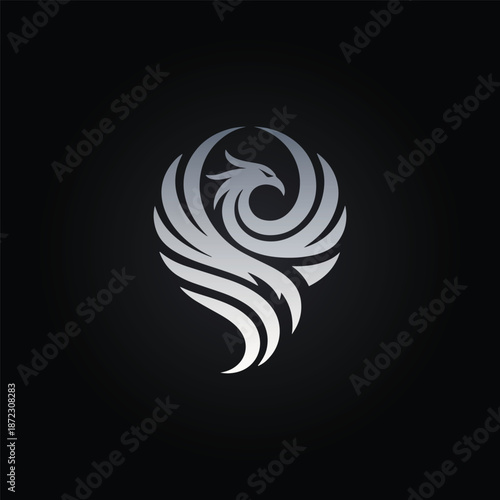 Silver Phoenix Bird Logo Icon, Elegant Mythical Bird Illustration on Black Background
