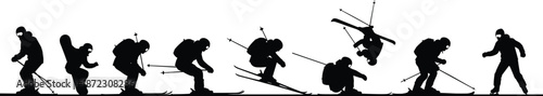 skiing, skier, winter, sport, silhouette, action, motion, jump, freestyle, extreme, athlete, snow, mountain, adventure, speed, balance, training, competition, outdoor, illustration