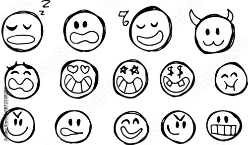 Set of hand-sketched emojis showing various emotions happy, sad, angry, surprised isolated on white background. Black grunge line. Great for fun, playful, or social media designs