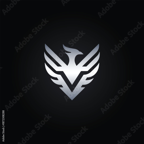 Modern Silver Phoenix Shield Logo, Geometric Eagle Emblem for Security, Technology, and Gaming Brands, Vector Illustration