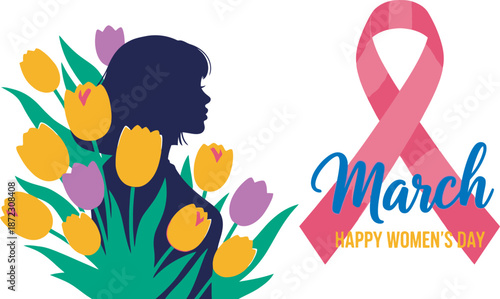 Happy women's day celebration with silhouette and tulips isolated on transparent background