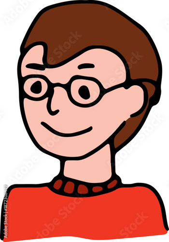 Hand-drawn doodle of a fun, bespectacled nerd guy in a sweater. Grunge line art style, ideal for avatars, icons, posters, or logos. Perfect for geeky, casual, or playful themes