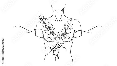 A person with a mental health concept illustration featuring leaves and a screw on the chest