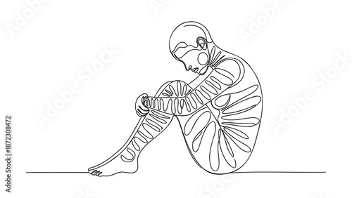 A person sitting on the floor with their head in their hands, illustrating a state of distress, mental health concerns, and emotional struggle in a simple line drawing
