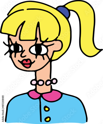 Hand-drawn doodle of a cute, fun blonde girl with a ponytail and big eyes. Grunge line art style, ideal for avatars, icons, posters, or logos. Perfect for playful, casual, or youthful designs