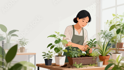 Woman tending to plants indoors