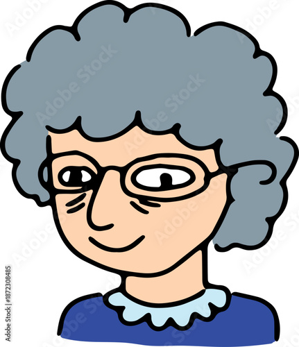 Hand-drawn doodle of a fun, elderly grandma wearing glasses with gray hair. Grunge line art style, suitable for avatars, icons, posters, or logos. Perfect for cheerful, vintage, family-themed designs