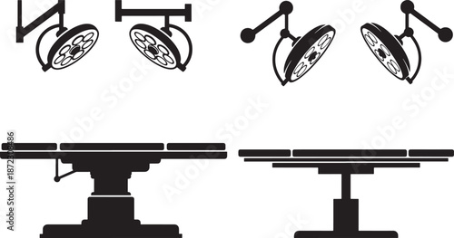 Medical Operating Room Equipment Set Including Surgical Tables and Overhead Lights