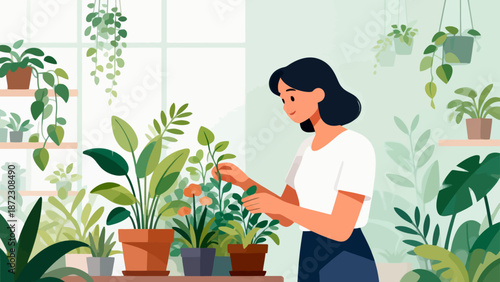 Woman tending to plants in a bright room