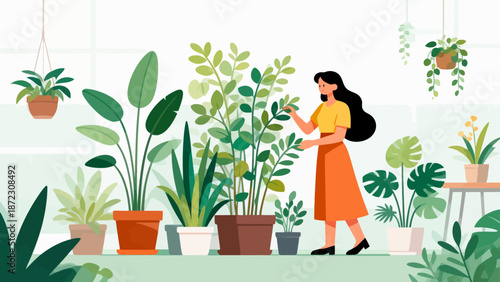 Woman tending to potted plants in a bright room