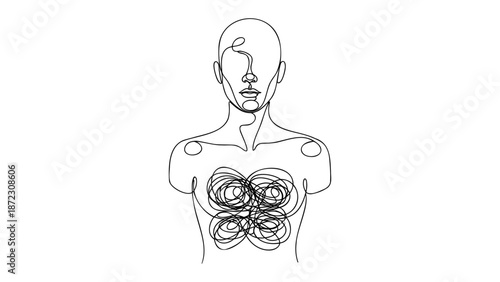 A person experiencing mental health struggles, with a complex emotional state illustrated through intertwined lines in the chest area, depicted in a simple line drawing style