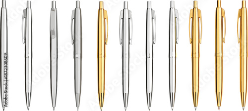 Metal ballpoint pen collection in silver and gold finishes showing multiple angles isolated on white background realistic stationery vector illustration