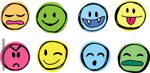 Colorful collection of round caricature faces expressing various emotions. Fun emoji style avatars and comic icons with different facial expressions. Vector illustration in grunge style