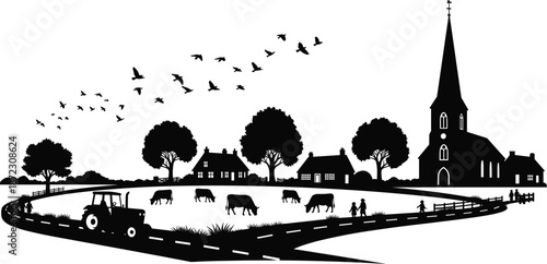 village, countryside, landscape, rural, farm, farming, agriculture, nature, silhouette, scenery, church, houses, trees, cattle, cows, field, road, tractor, birds, illustration