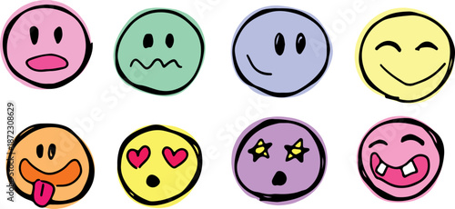 Set of cheerful, round character faces showing a range of feelings. Bright emoji-style icons and fun expressions. Grunge vector art suitable for avatars and emojis