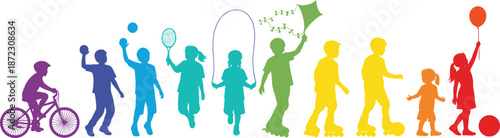 children, kids, silhouette, colorful, play, fun, activity, childhood, happy, joy, freedom, motion, energy, outdoor, friends, youth, family, recreation, lifestyle, illustration