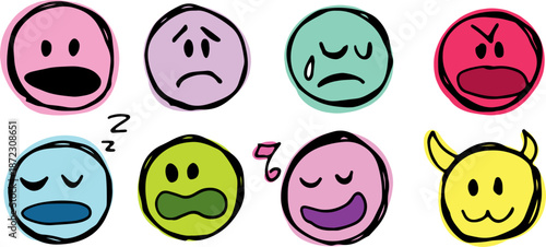 Vibrant collection of round caricature faces showing diverse emotions. Cartoon-style emoji icons and expressive avatars in vector grunge style