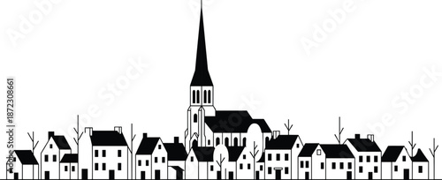 village, town, skyline, silhouette, church, houses, architecture, cityscape, landscape, rural, countryside, neighborhood, street, building, heritage, tradition, classic, minimal, vector, illustration