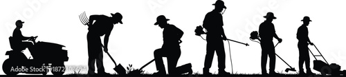 worker, silhouette, labor, gardening, farming, agriculture, landscaper, outdoor, tools, mower, trimmer, shovel, rake, planting, digging, maintenance, profession, teamwork, activity, industry