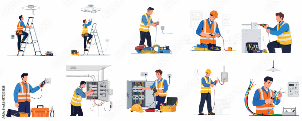 Obraz premium Collection of Vector Illustrations Showing Electricians Performing Various Electrical Installation, Maintenance, and Repair Tasks.