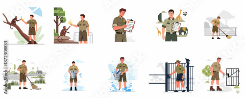 Zookeeper Daily Routine: Flat Vector Illustrations of Wildlife Care, Animal Feeding, Enclosure Cleaning, and Park Maintenance Tasks.