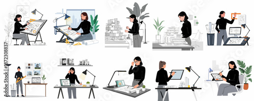 Female Architect and Designer at Work Set: Illustrations of a Professional Woman Creating Blueprints, 3D Models, and Plans in her Modern Office Studio.