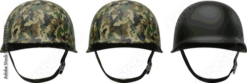 Military combat helmet set with camouflage and black designs isolated on white background protective gear vector illustration