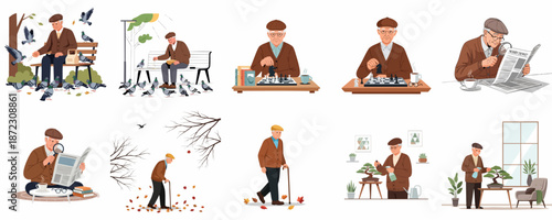 Leisure activities of a cheerful senior man: feeding birds, playing chess, reading the newspaper with a magnifying glass, and watering bonsai trees.