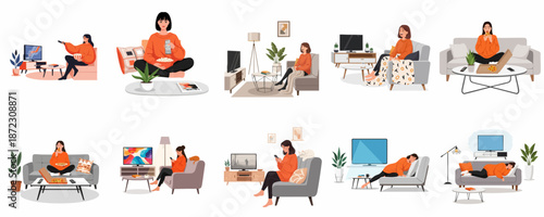 Woman enjoying downtime and leisure activities at home, including watching television, eating popcorn, eating pizza, and napping on the couch.