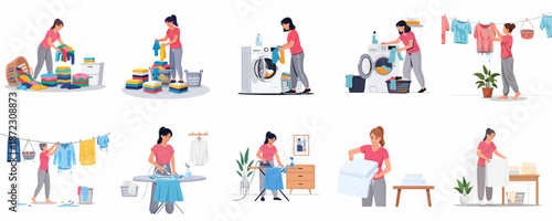 Comprehensive laundry routine illustration set: sorting clothes, using a washing machine, air drying, ironing, and folding linens.