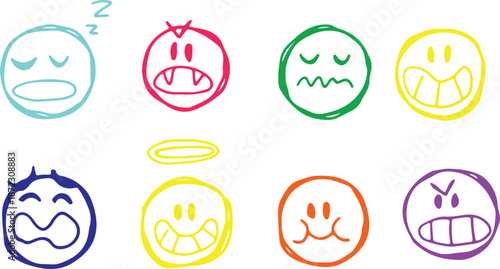 Vivid, playful doodle emojis depicting human feelings with rough lines in a grunge style. Cute, expressive faces suitable for fun communication and design