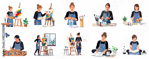 Versatile set of female artists creating art: painting on canvas, mixing colors, sketching, and enjoying the creative process.