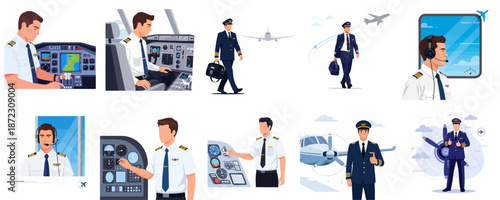 Aviation Professional Pilot Vector Illustrations Set: Male Captains Operating Cockpit Controls, Walking, and Communicating in Uniform.